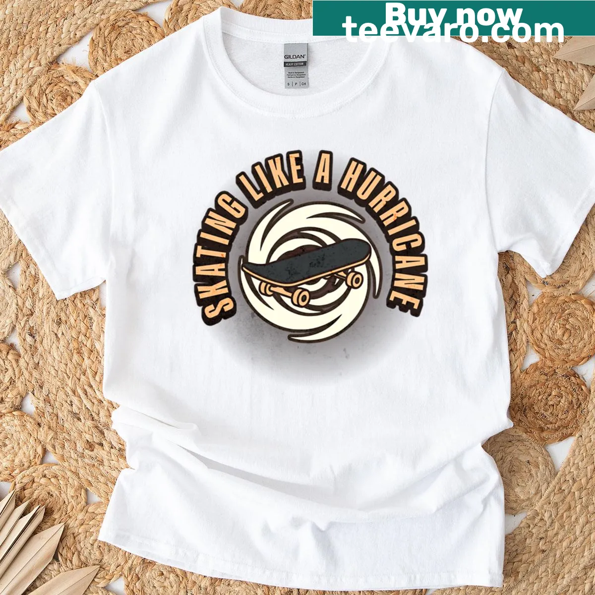 Cartoon-style skateboarding t-shirt with a hurricane theme. — on a men's t-shirt