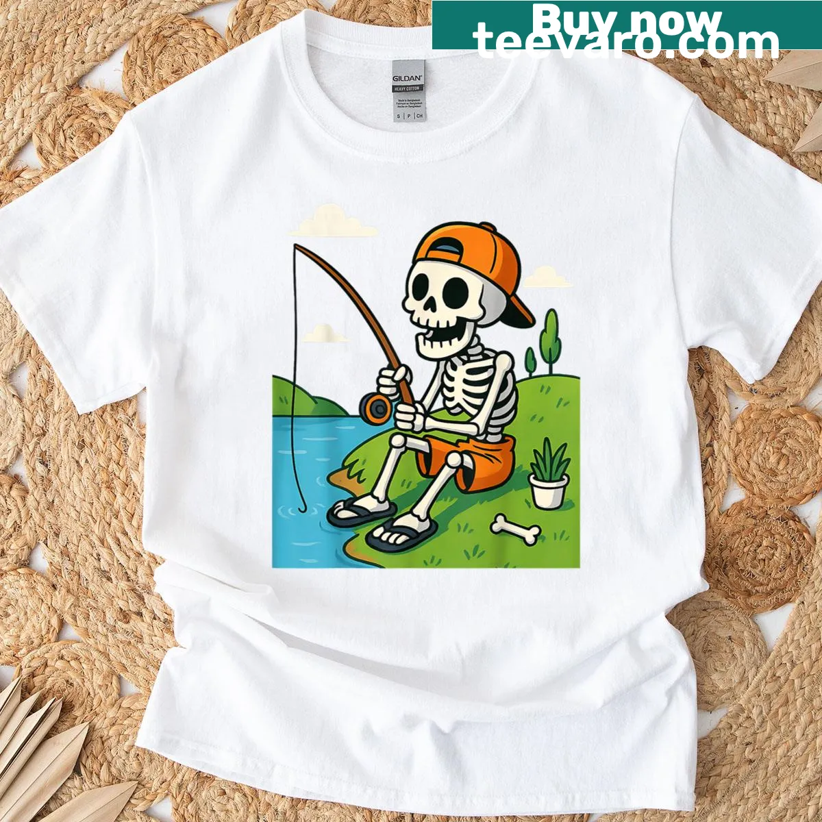 Skeleton fishing with a humorous twist, perfect for Halloween. — on a men's t-shirt