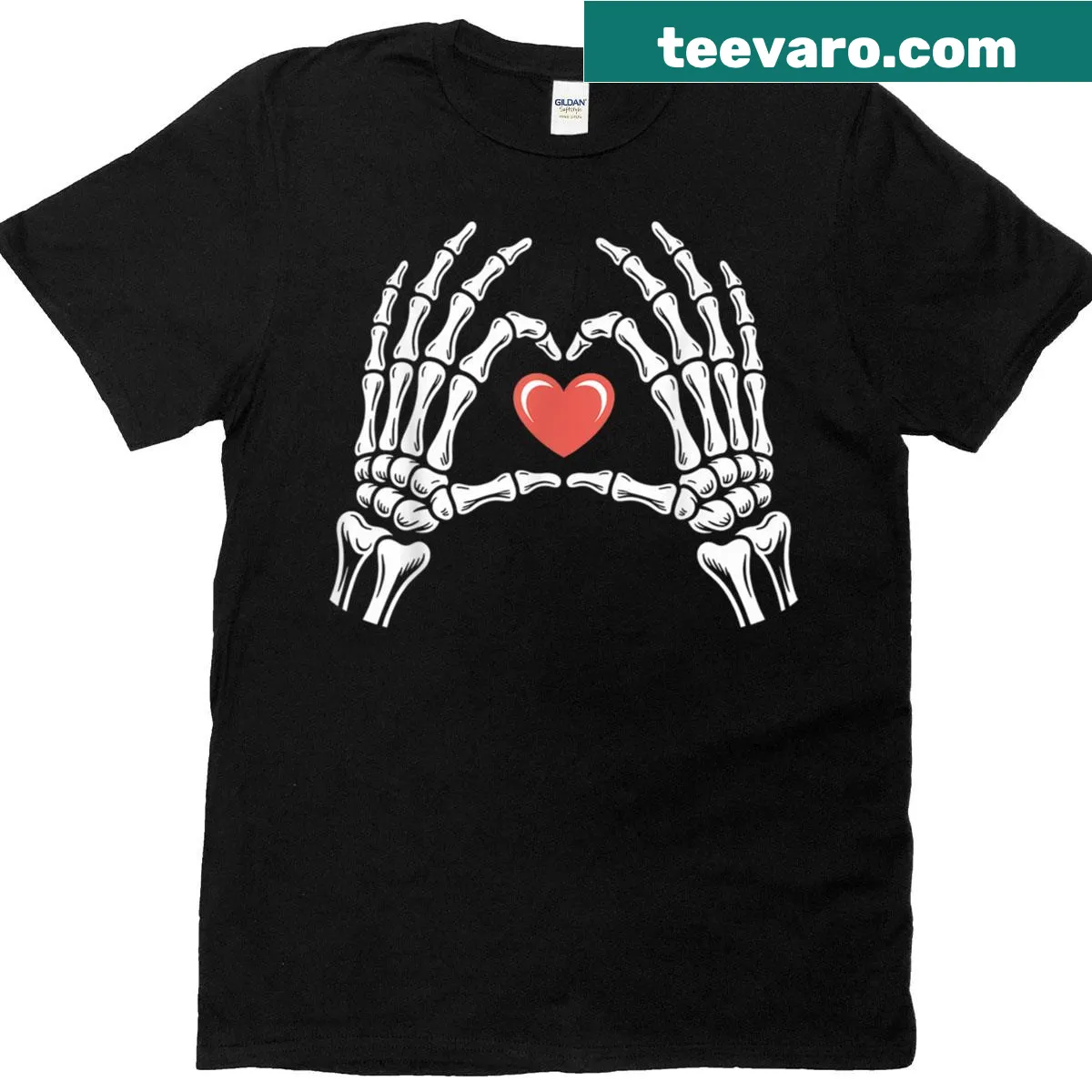 Halloween t-shirt with skeleton hand heart sign — on a men's t-shirt