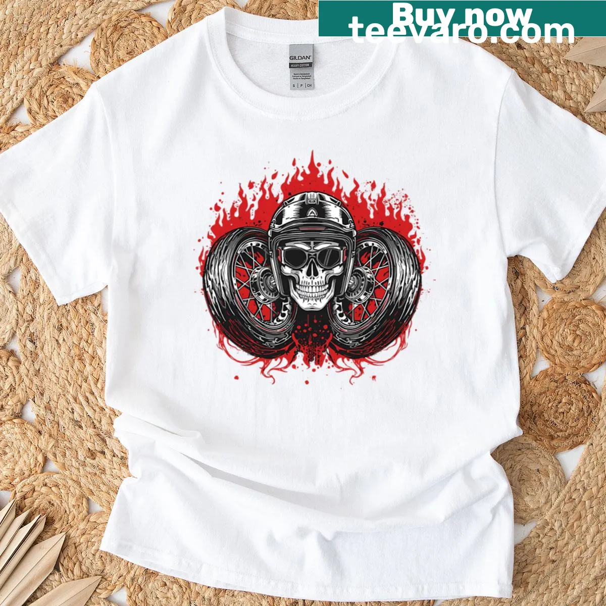 Skull rider graphic T-shirt celebrating motorsport and biker culture — on a men's t-shirt