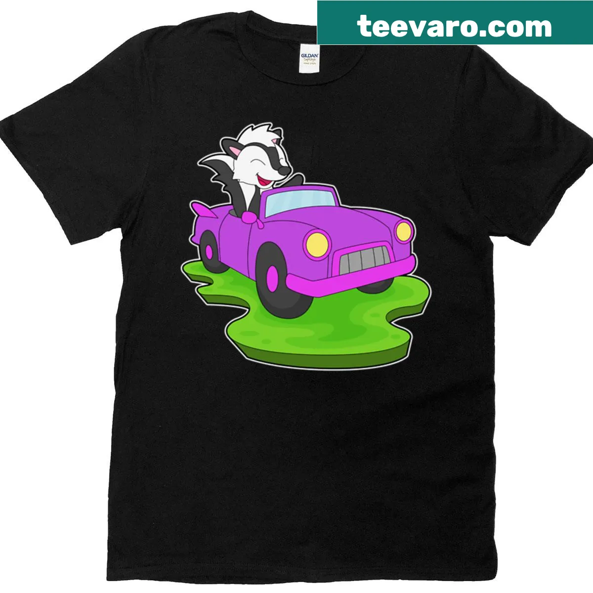 Cartoon skunk driving a funky car on a t-shirt — on a men's t-shirt