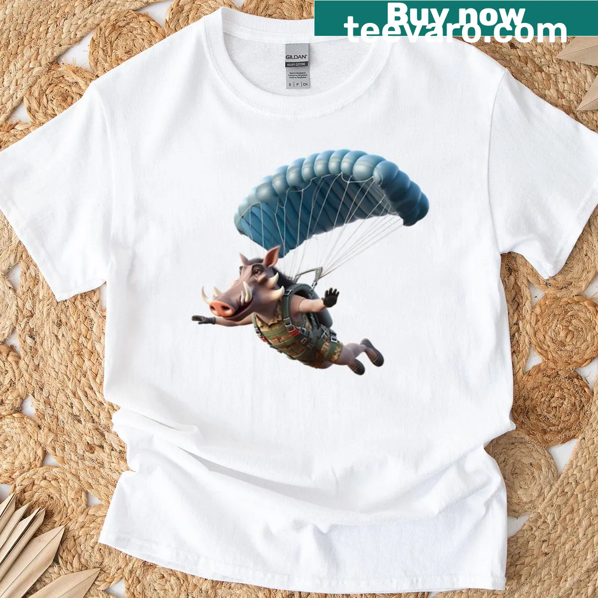 Illustration of a skydiving warthog on a playful T-shirt — on a men's t-shirt