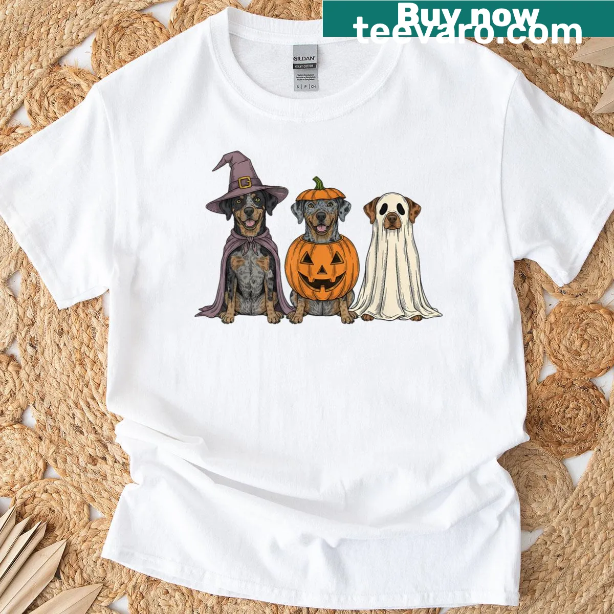 Catahoula Leopard Dog ghost above pumpkin Halloween t-shirt — on a men's t-shirt