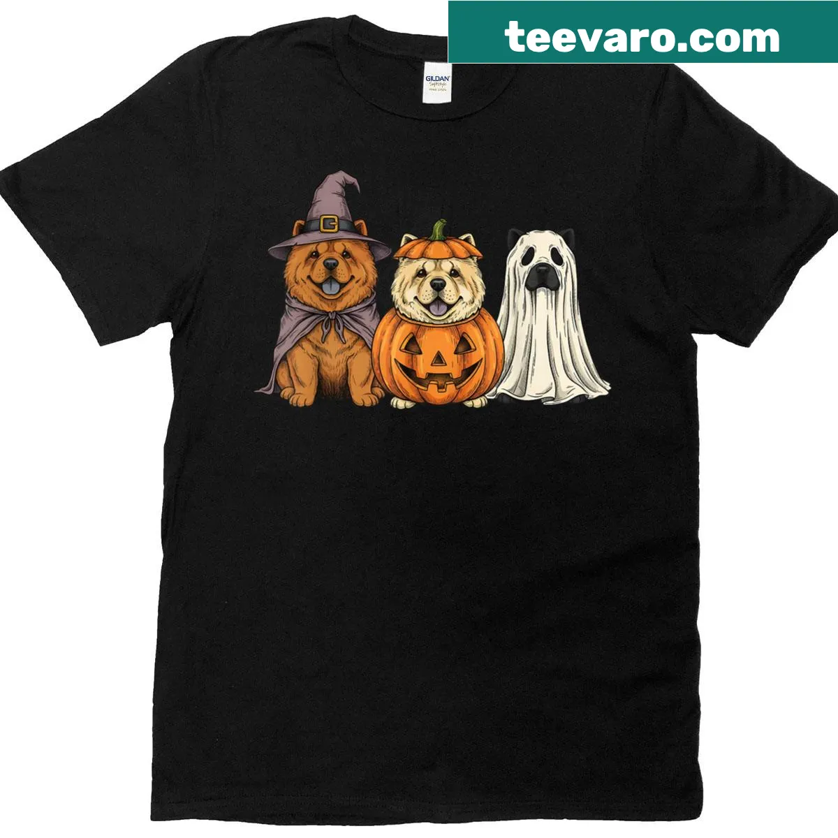 Cute Halloween T-shirt with a ghost Chow Chow and pumpkins — on a men's t-shirt