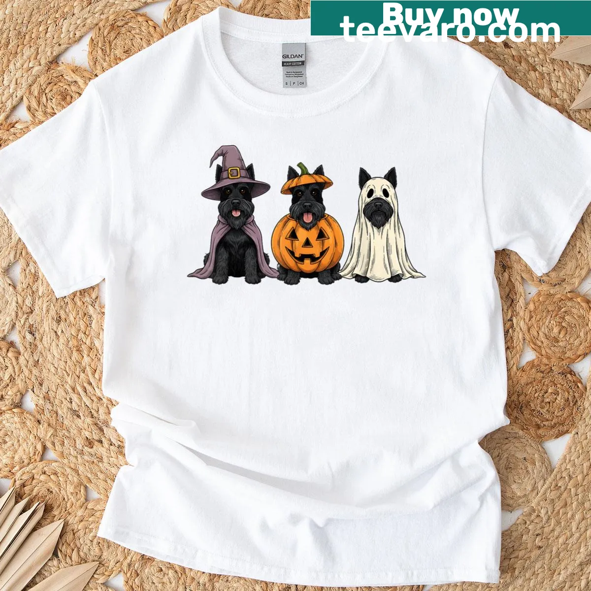 Halloween t-shirt featuring a cartoon Scottish Terrier as a ghost with pumpkins — on a men's t-shirt