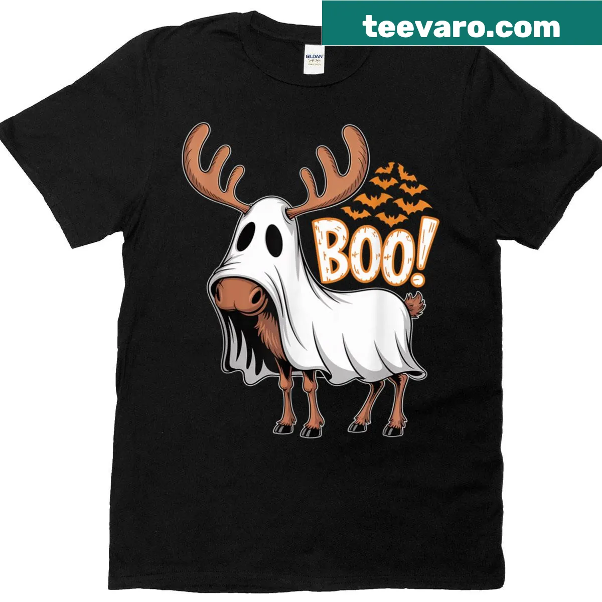 Cartoon moose dressed as a ghost for Halloween T-shirt — on a men's t-shirt