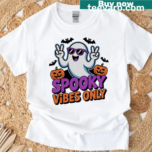 Funny Halloween t-shirt with the phrase 'Spooky Vibes Only' in playful font