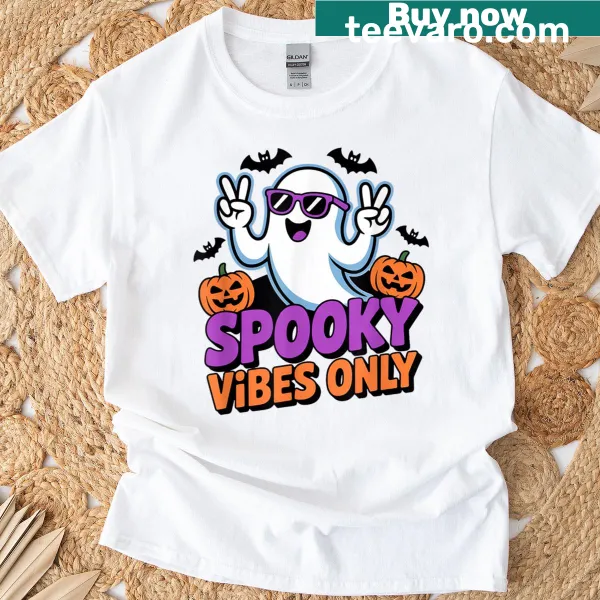 Funny Halloween t-shirt with 'Spooky Vibes Only' phrase