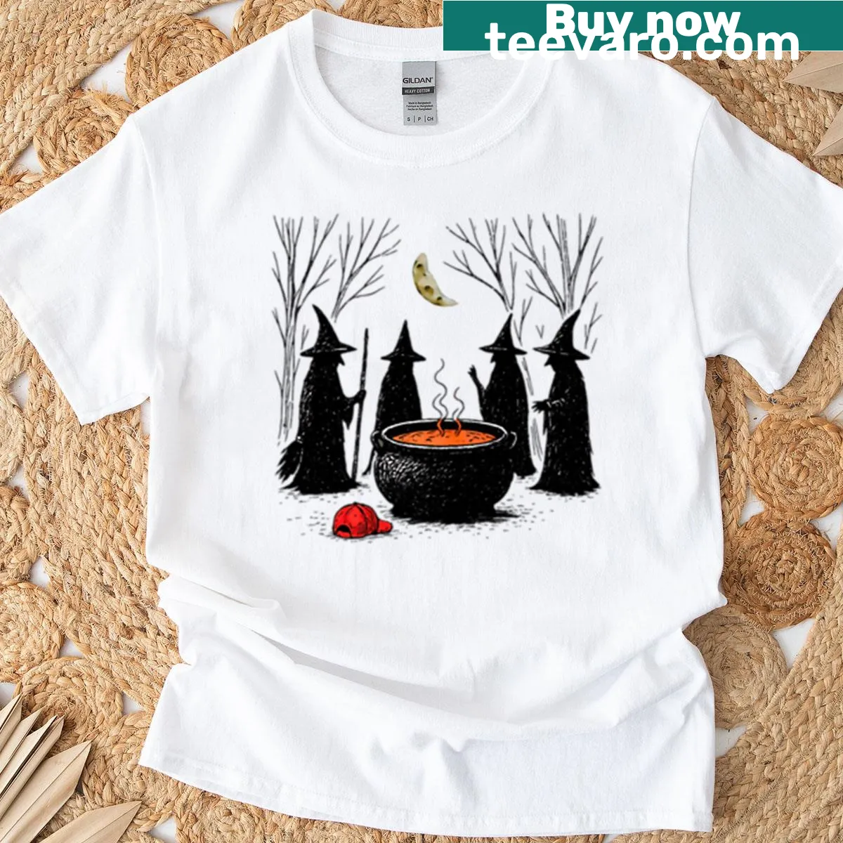 Halloween t-shirt with witch design and feminist message — on a men's t-shirt