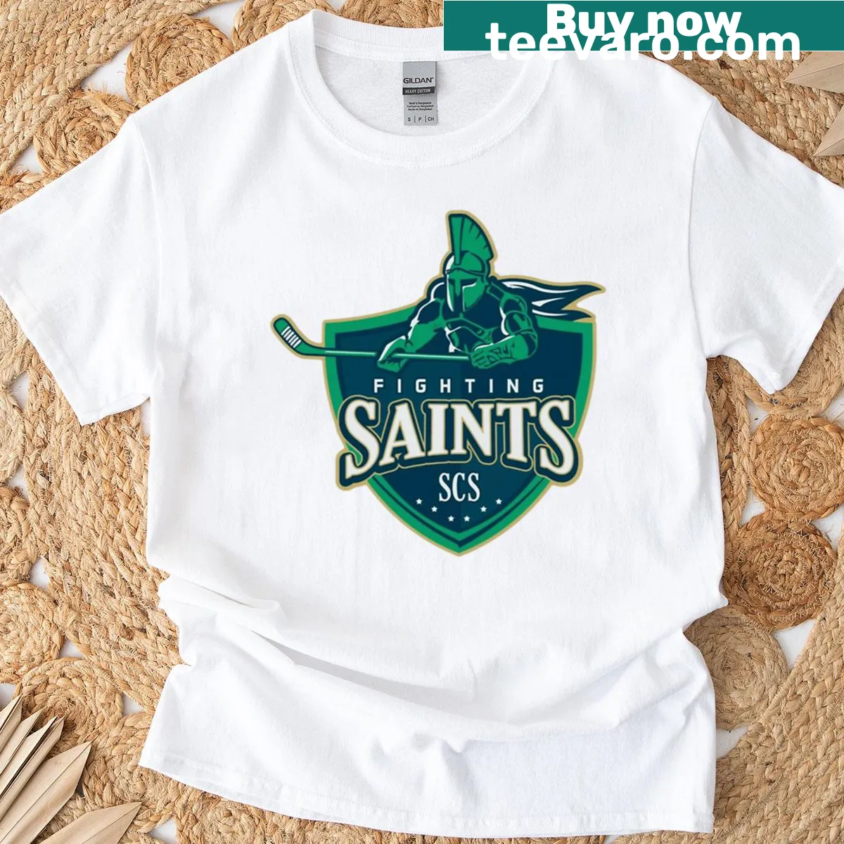 St Clair Shores Fighting Saints logo t-shirt — on a men's t-shirt