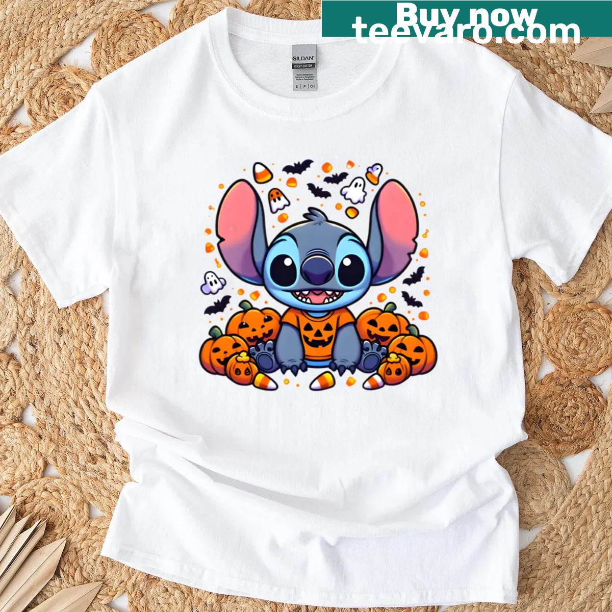 Lilo and Stitch Halloween pumpkins and candy corn t-shirt — on a men's t-shirt
