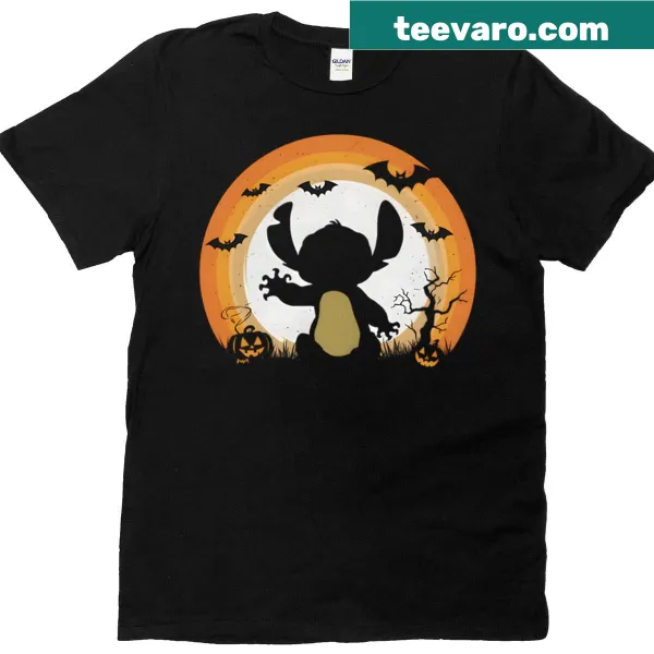 Lilo Stitch Halloween silhouette t-shirt with retro sunset design