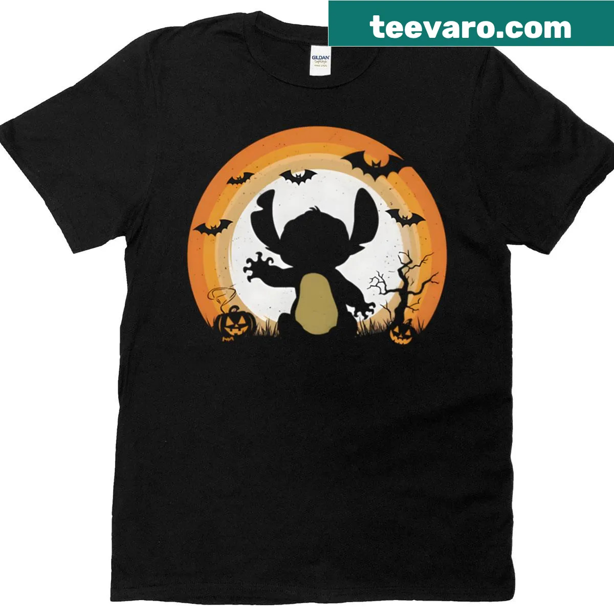 Lilo Stitch Halloween silhouette t-shirt with retro sunset design — on a men's t-shirt