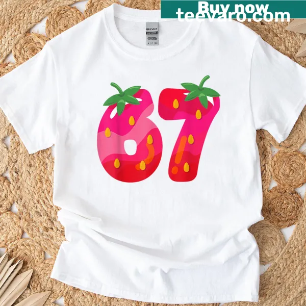 Strawberry 67 meme shirt featuring the number 67 and playful text