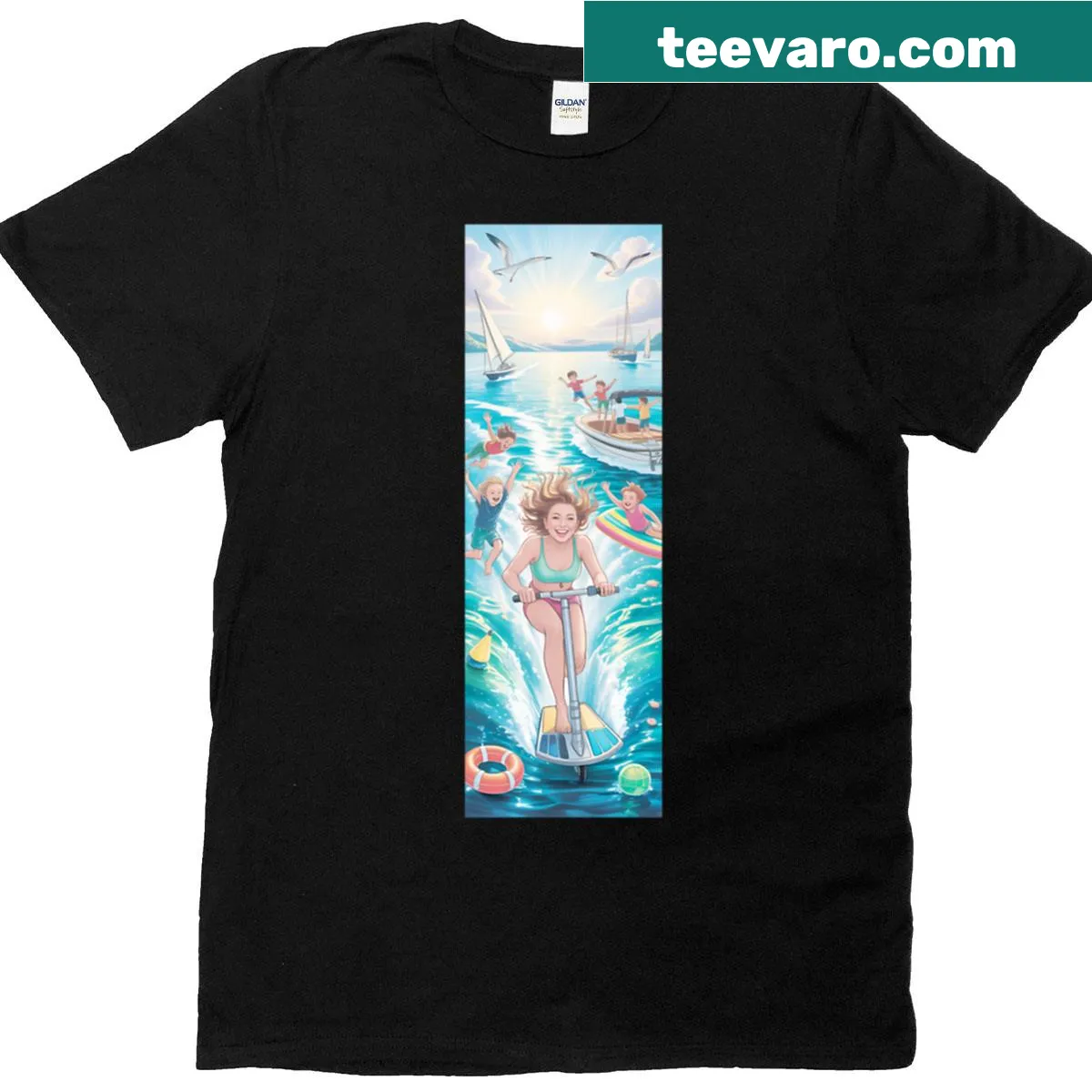 Cartoon-style T-shirt celebrating summer water adventures — on a men's t-shirt