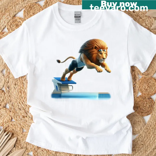 Illustration of a lion swimming in a playful style