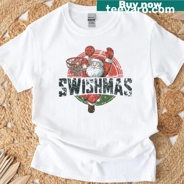 Playful Santa dunking on a basketball-themed Christmas T-shirt