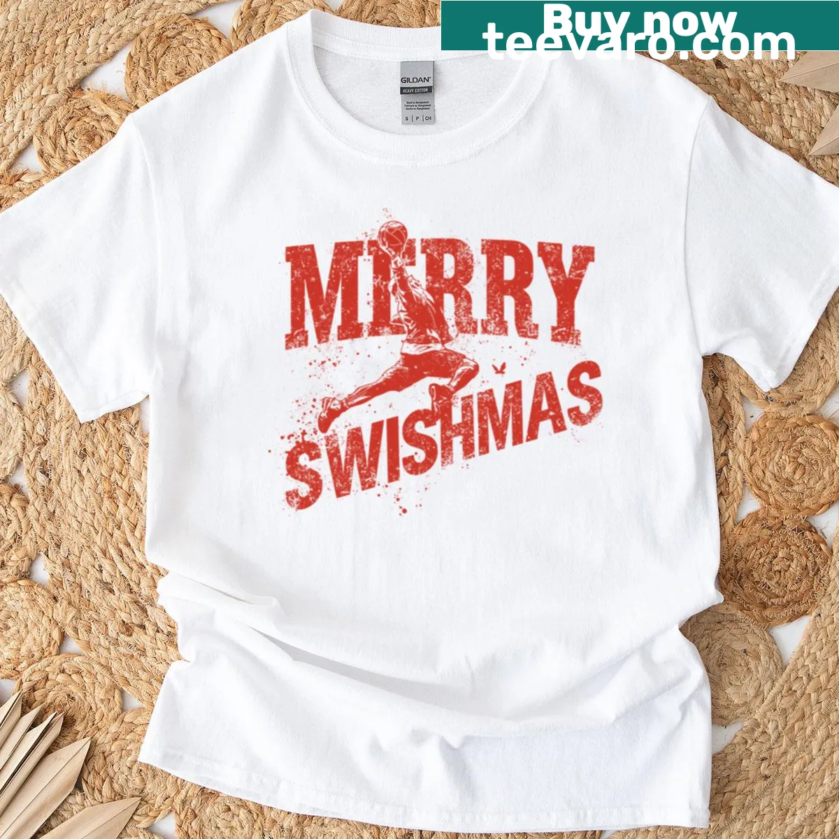 Cartoon Santa playing basketball on T-shirt for holiday sports — on a men's t-shirt