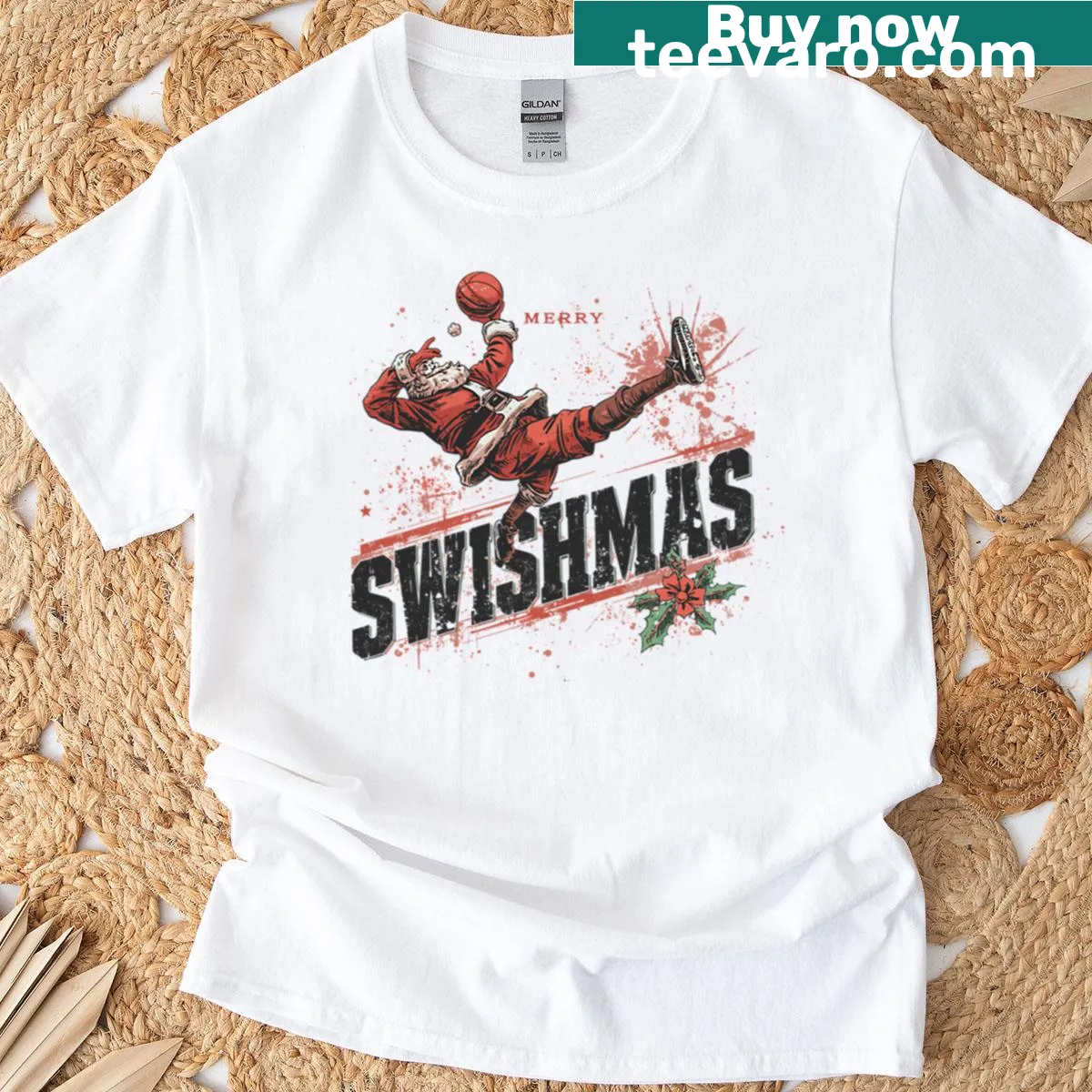 Whimsical t-shirt of Santa Claus playing basketball for Christmas — on a men's t-shirt