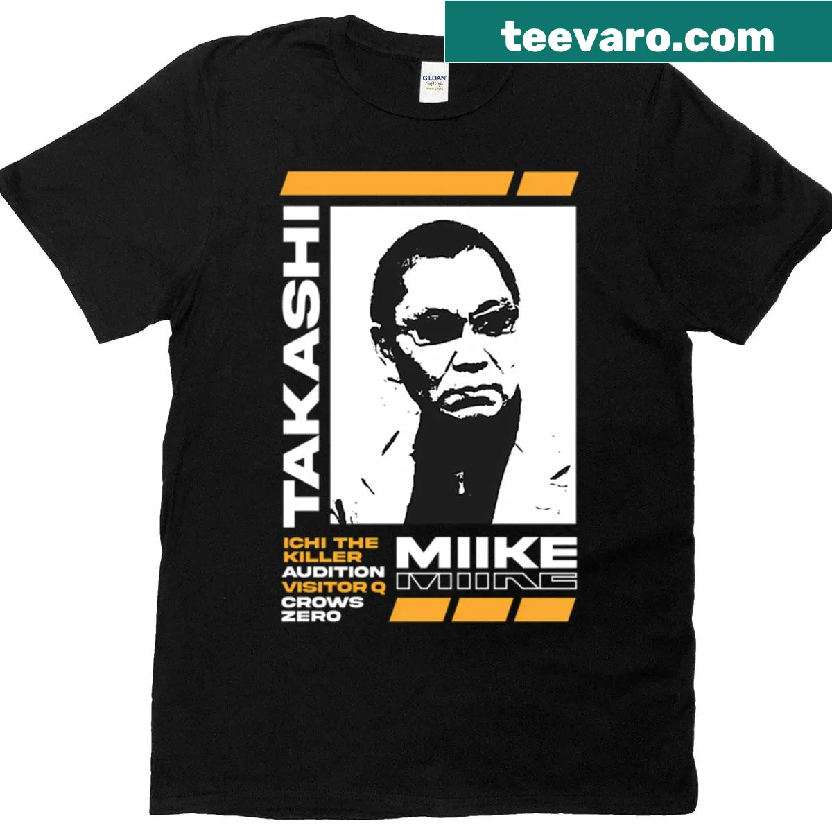 Illustrative T-shirt celebrating filmmaker Takashi Miike — on a men's t-shirt