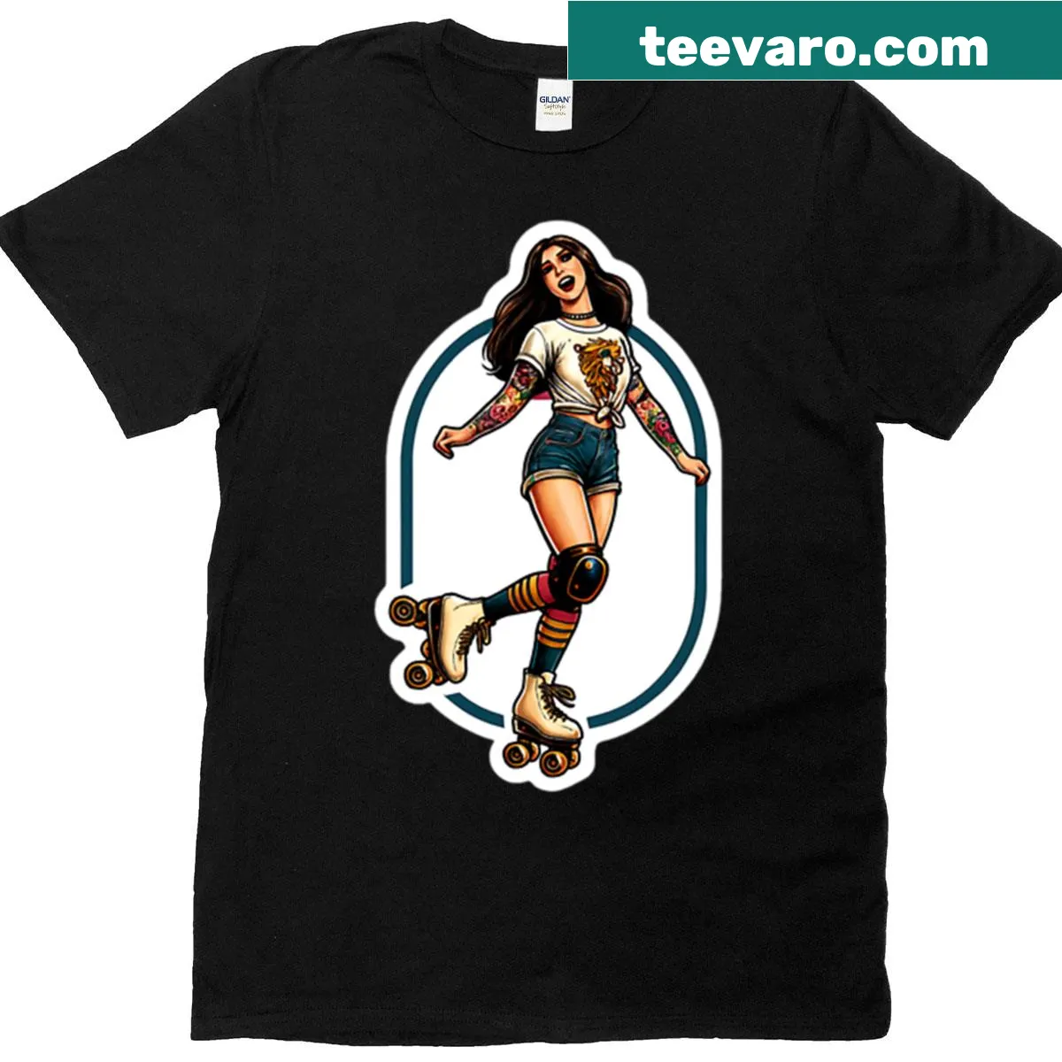 Retro t-shirt featuring tattooed skateboarding girls — on a men's t-shirt