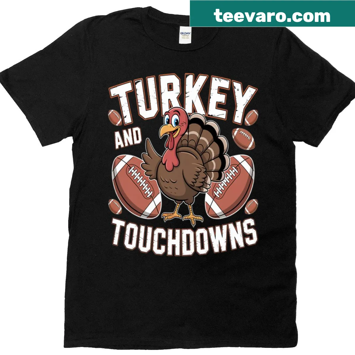 Funny Thanksgiving t-shirt with turkey and football design — on a men's t-shirt