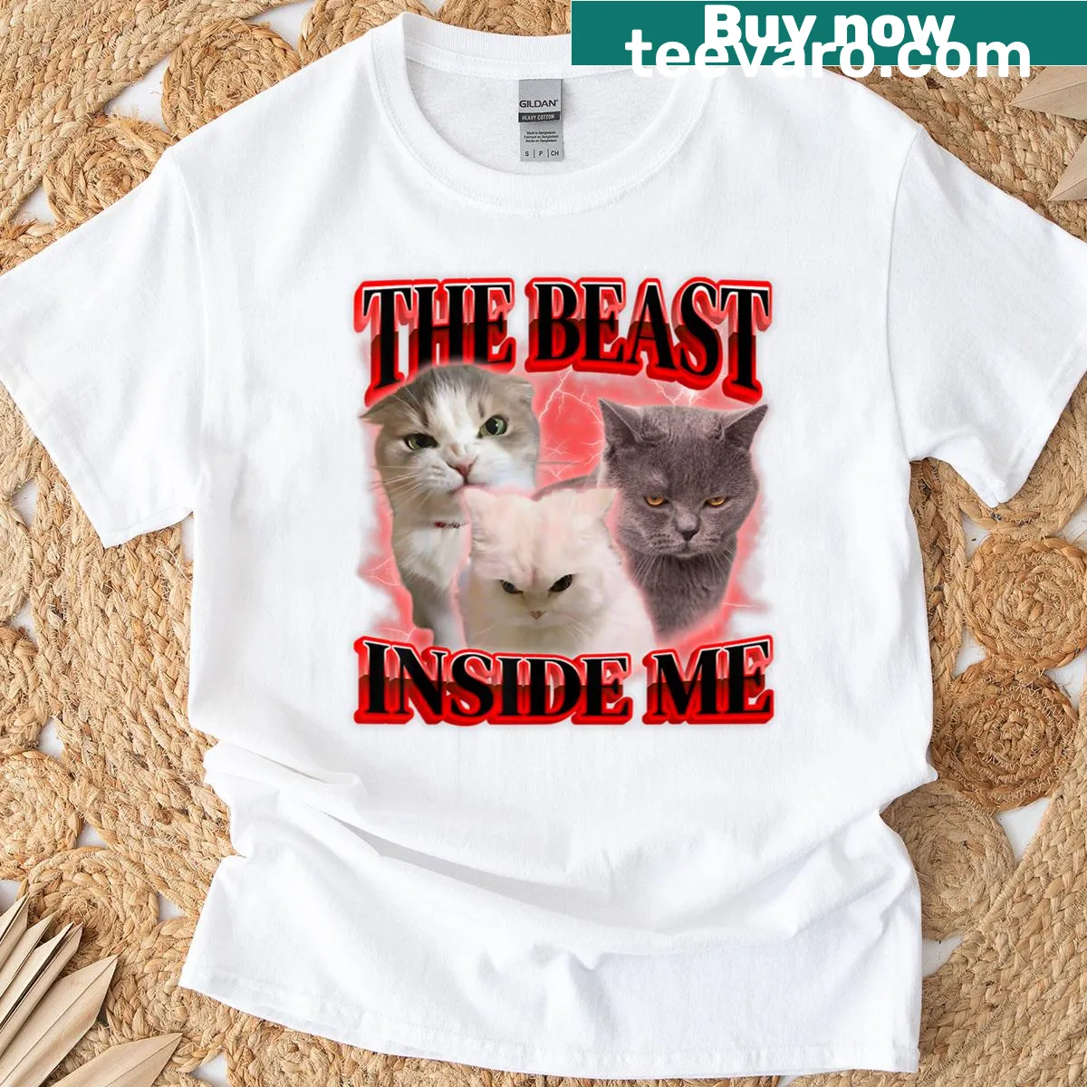 Cartoon cat with humorous saying for Gen Z audience — on a men's t-shirt