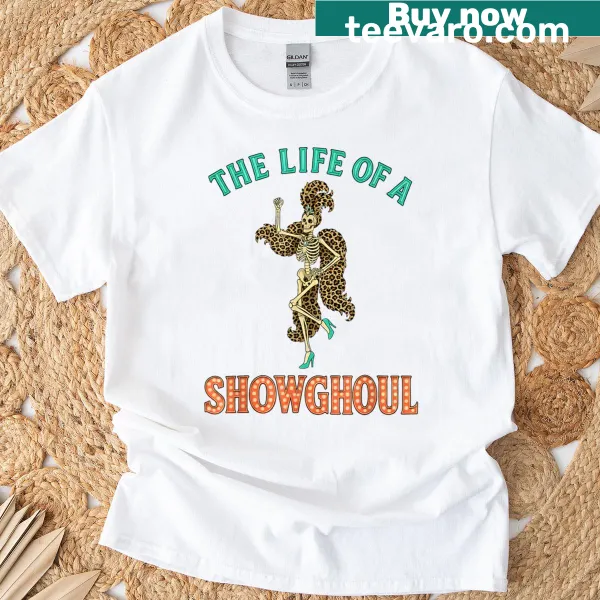 Edgy Halloween T-shirt with skeleton girl in leopard costume