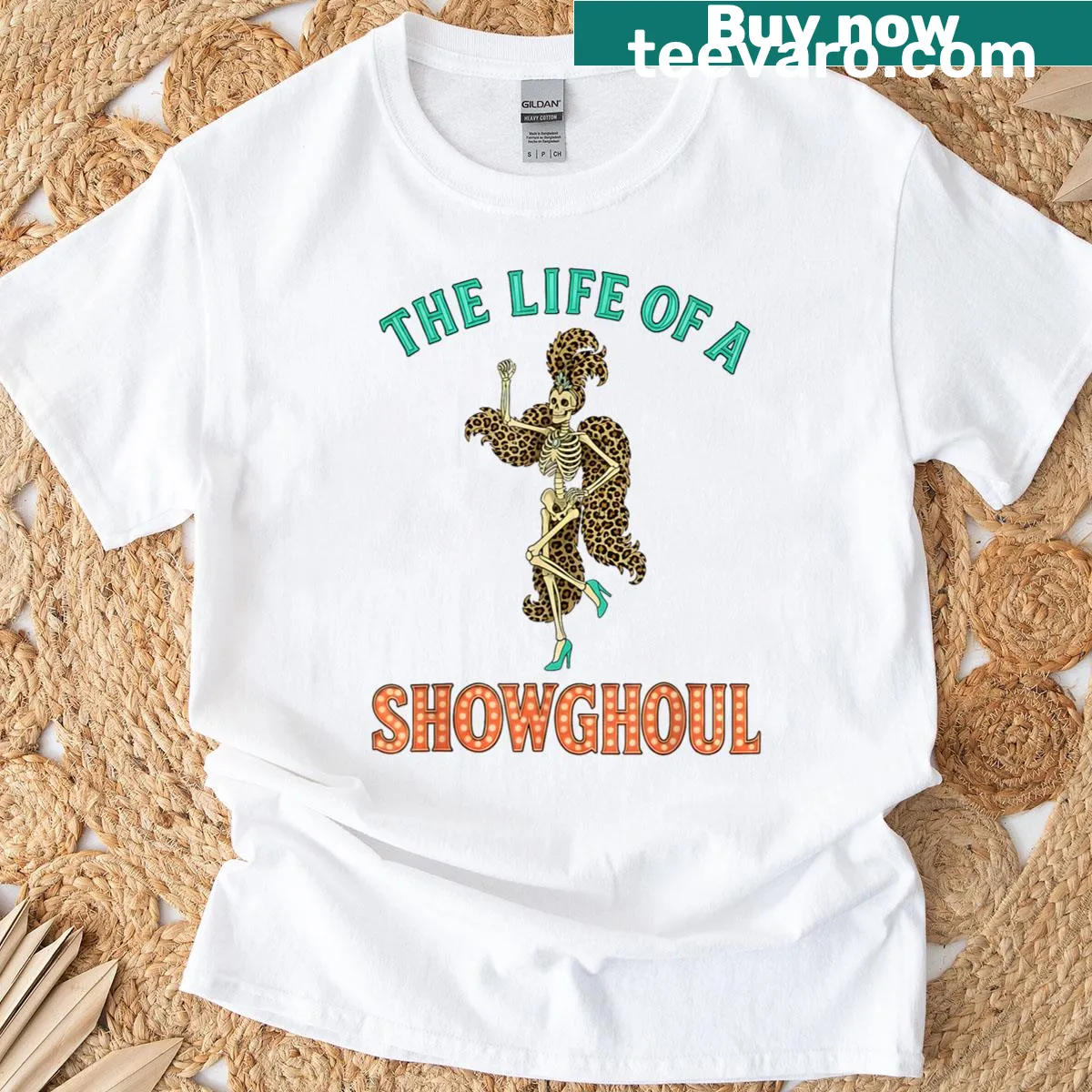 Edgy Halloween T-shirt with skeleton girl in leopard costume — on a men's t-shirt