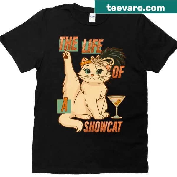 T-shirt featuring a showcat in cocktail attire