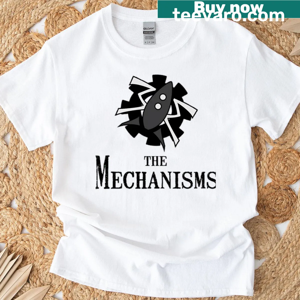 Illustrative T-shirt representing The Mechanisms band — on a men's t-shirt