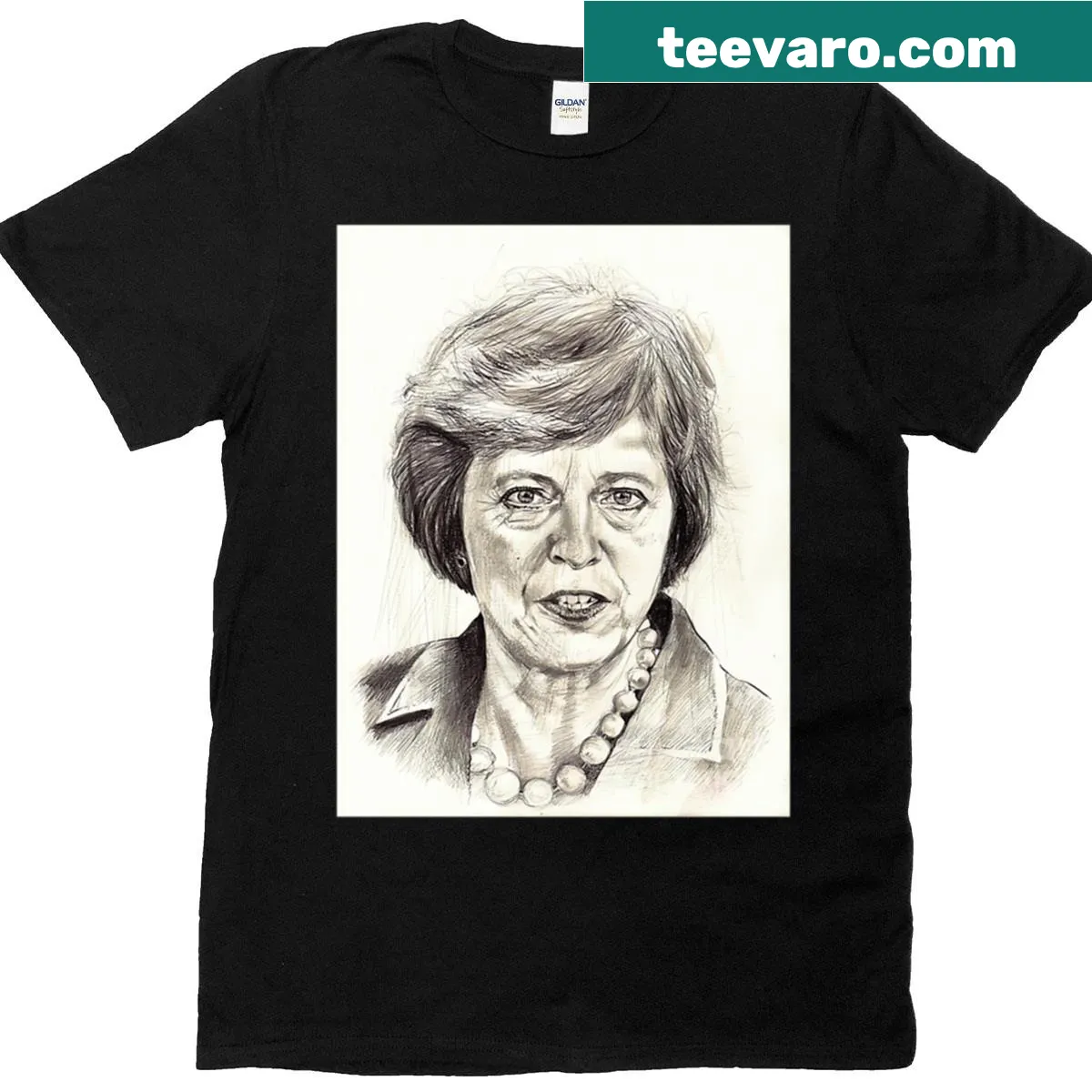 T-shirt featuring a portrait illustration of Theresa May — on a men's t-shirt