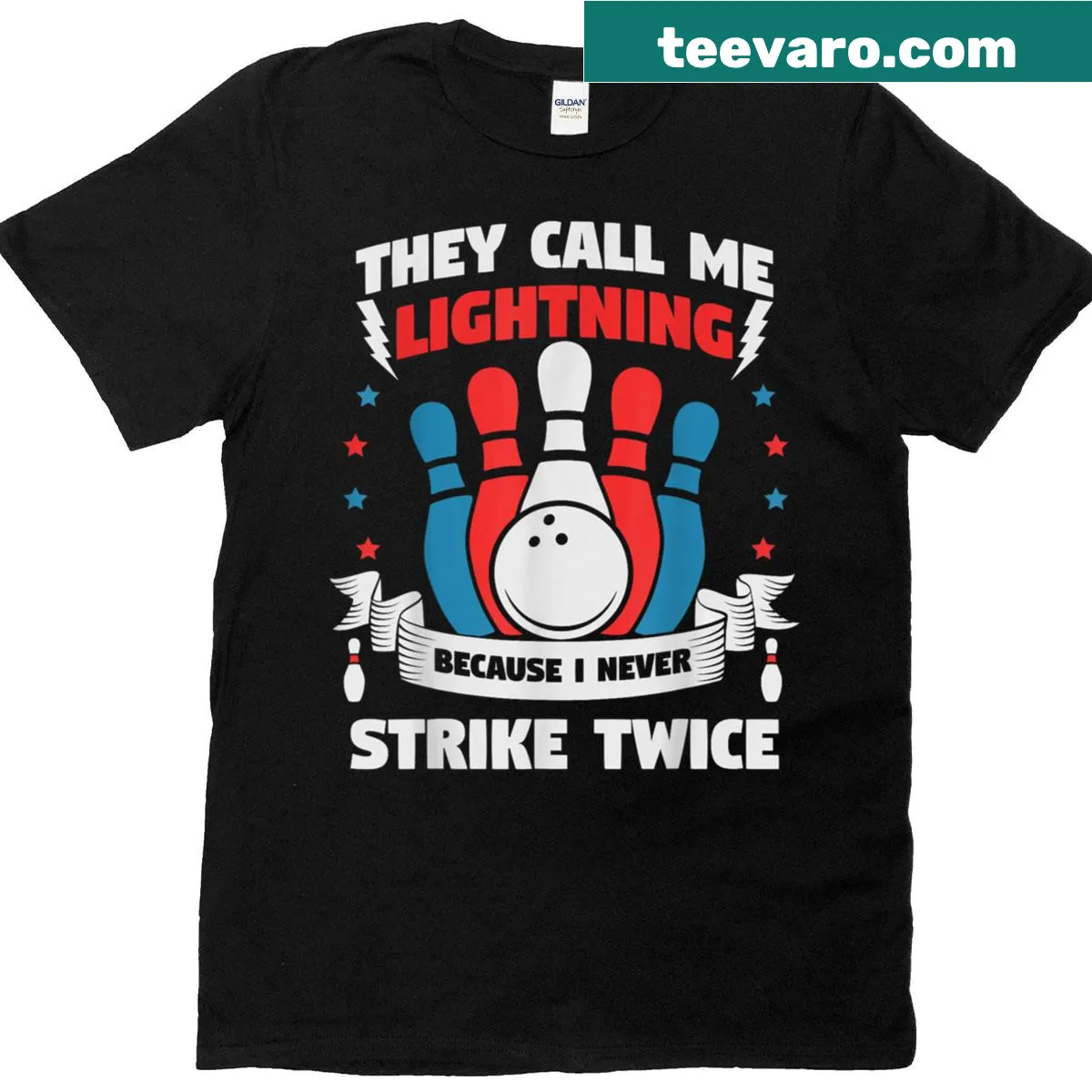 Playful bowling t-shirt with the phrase They Call Me Lightning — on a men's t-shirt