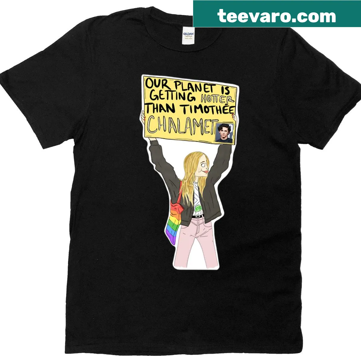 Artistic illustration of Timothee Chalamet on a stylish t-shirt — on a men's t-shirt