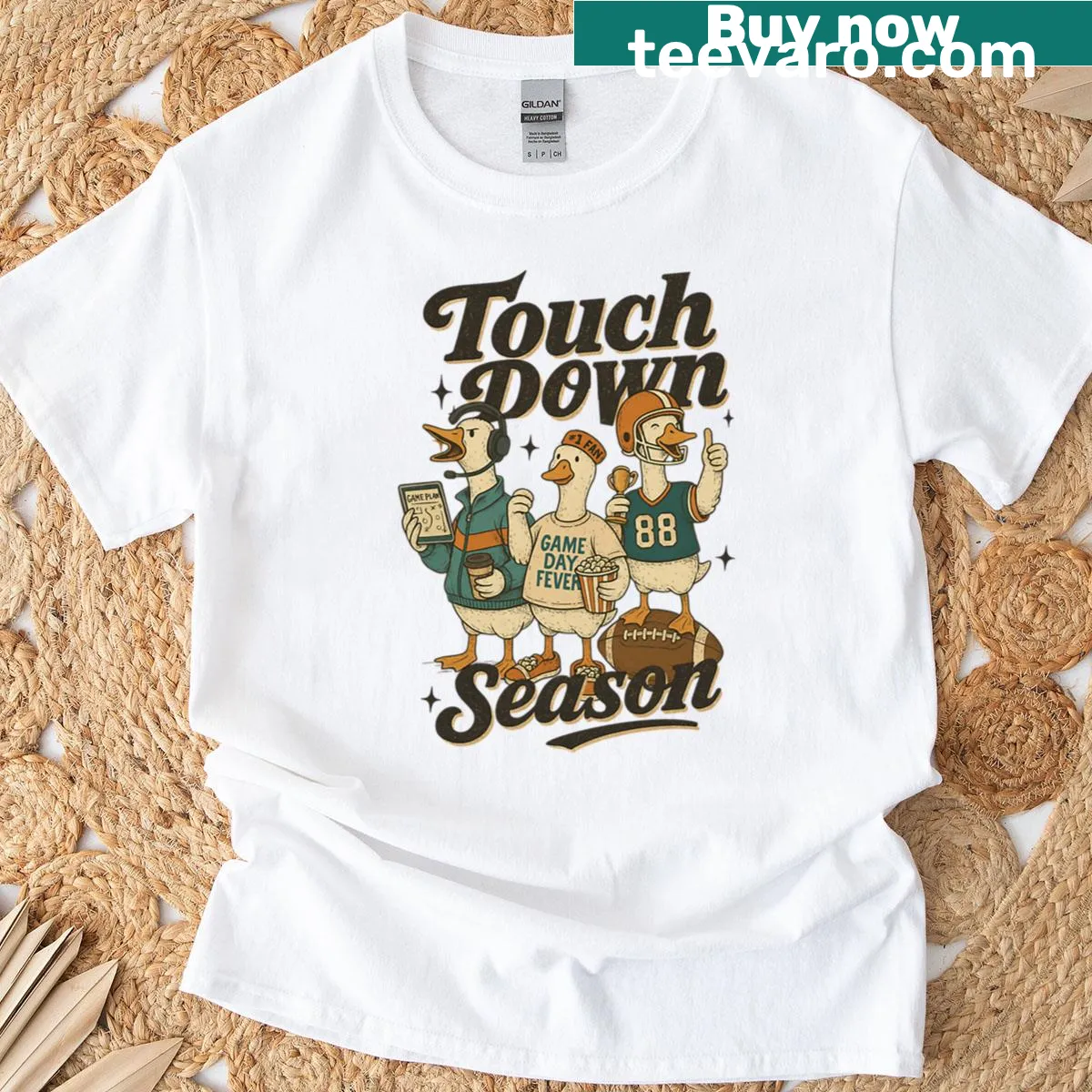 Cartoon t-shirt featuring Duck Squad for football season — on a men's t-shirt