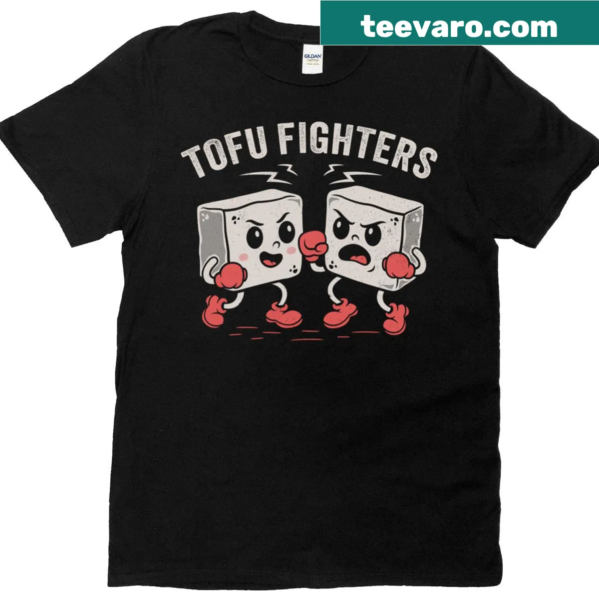Tofu Fighters humorous vegan pun t-shirt design — on a men's t-shirt