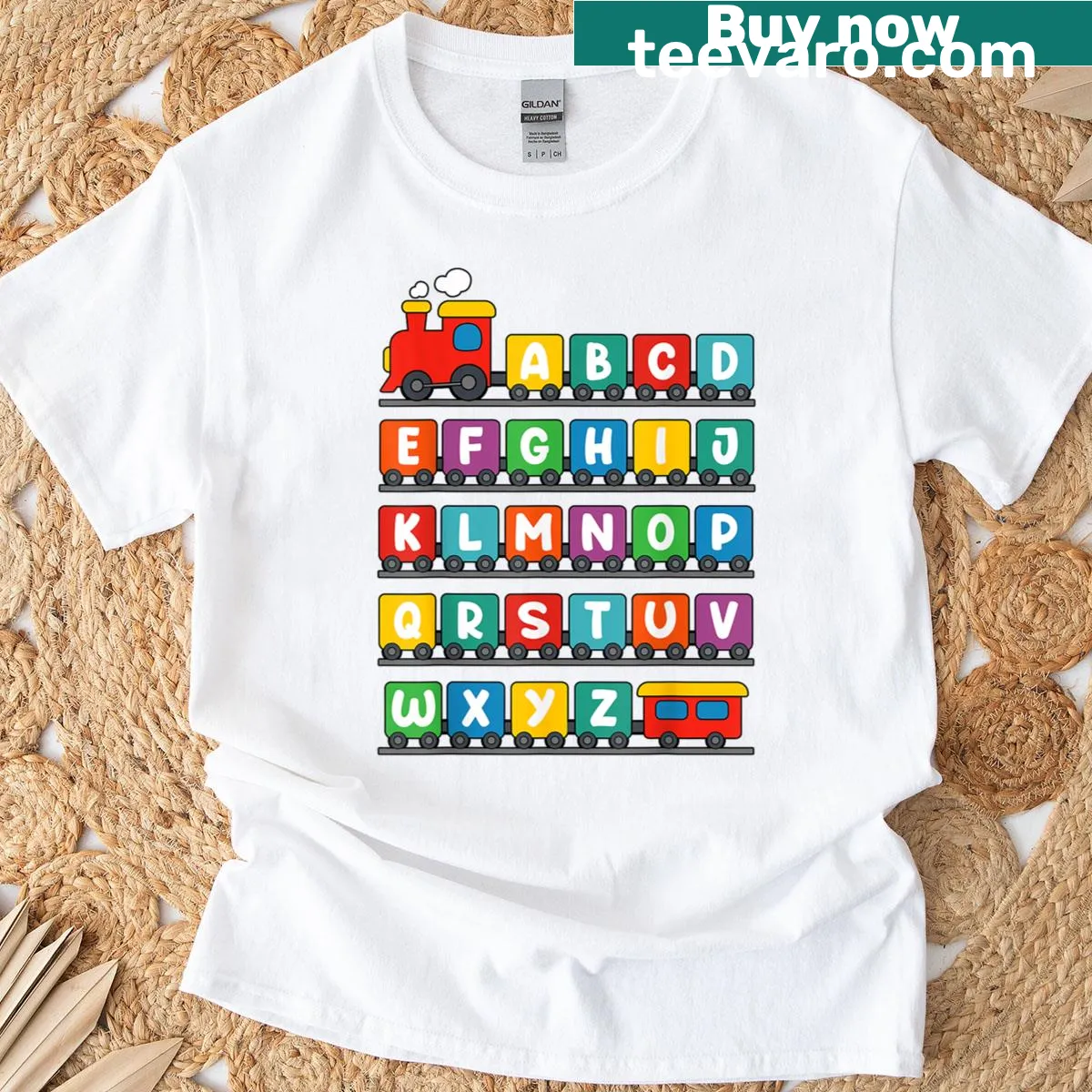 Kids t-shirt featuring train graphics and alphabet letters A-Z — on a men's t-shirt