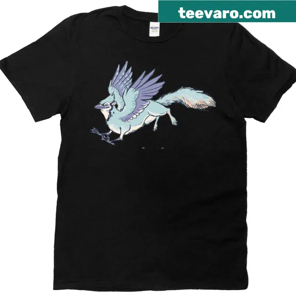 Cartoon illustrations of Gryphon, Blue Jay, and Squirrel on a whimsical t-shirt