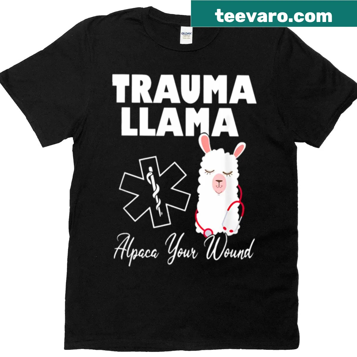 Funny nurse t-shirt with 'Trauma Llama Alpaca Your Wound' text design — on a men's t-shirt