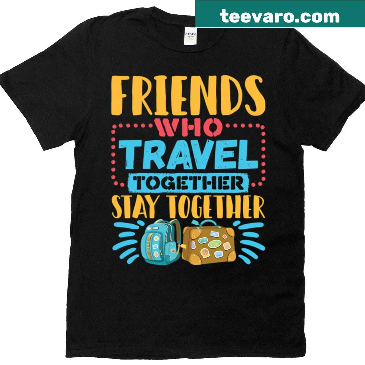 Travel-themed T-shirt with 'Friends Who Travel Together Stay Together' text — on a men's t-shirt