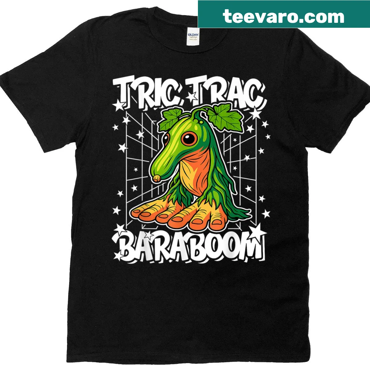 Typography design of 'Tric-trac-baraboom' on a humorous Gen Z meme t-shirt — on a men's t-shirt