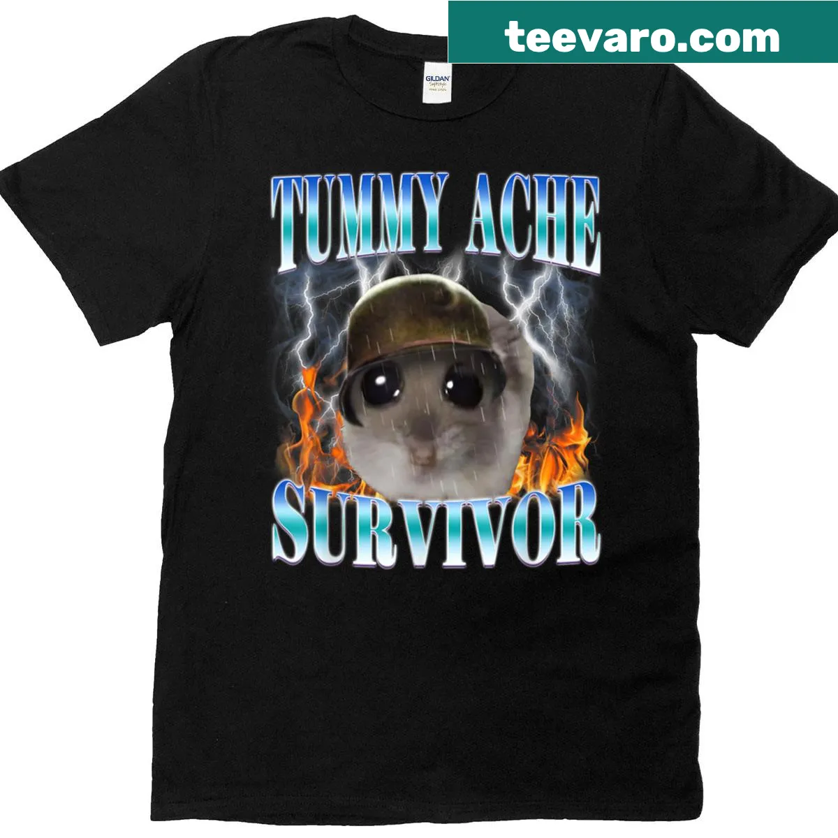 Cartoon hamster graphic with 'Tummy Ache Survivor' text on a t-shirt — on a men's t-shirt