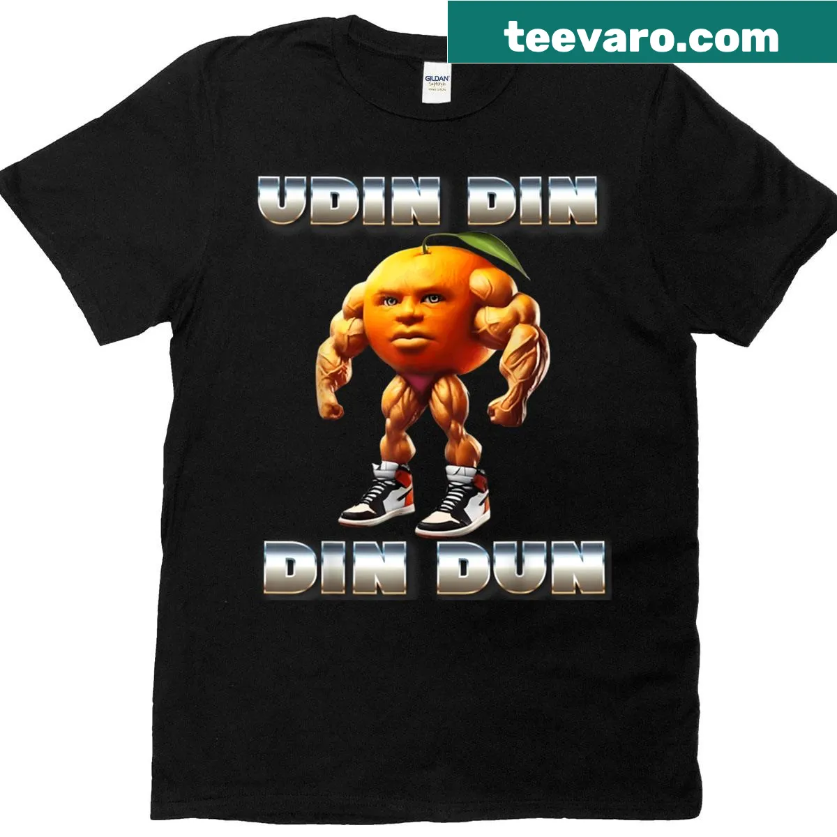 Cartoon style Udin Din Din Dun meme t-shirt with playful text — on a men's t-shirt