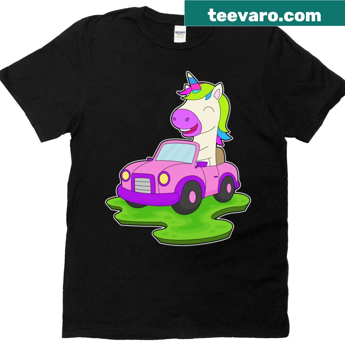 Cute unicorn graphic on car T-shirt — on a men's t-shirt