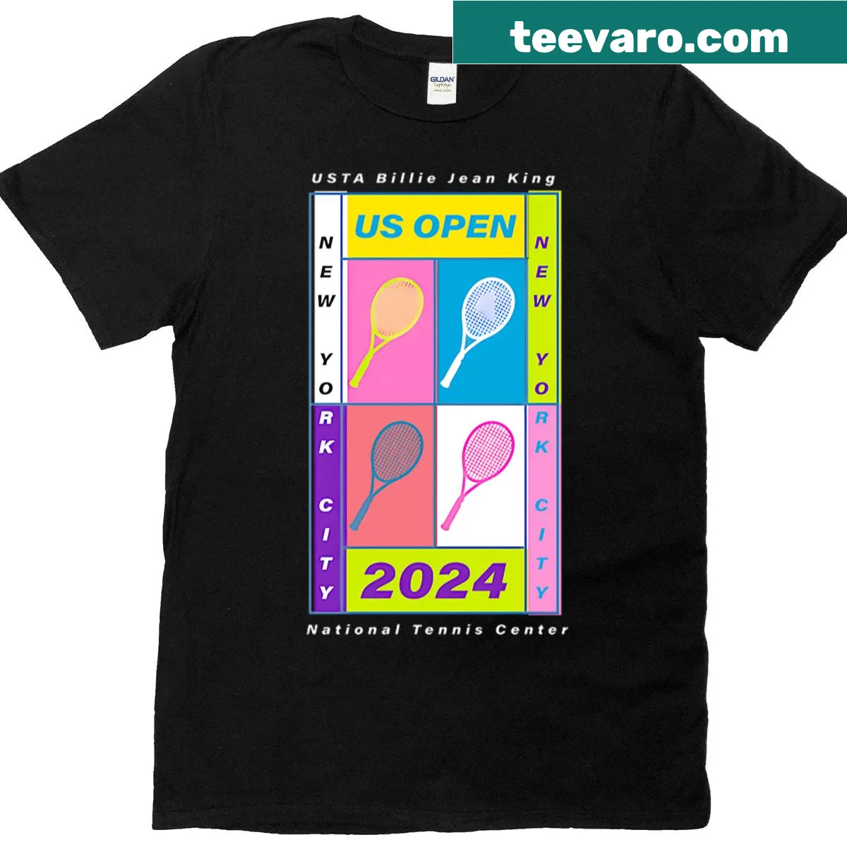 Artistic tennis racket design on a limited edition US Open 2024 t-shirt — on a men's t-shirt