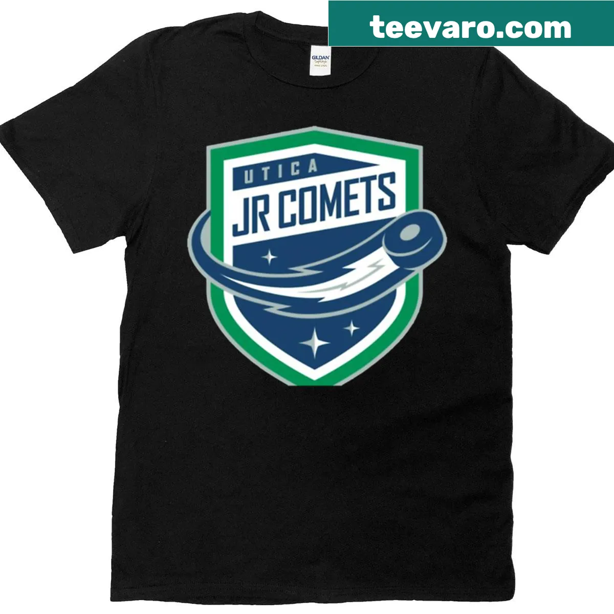 Utica Jr Comets youth sports t-shirt with team logo — on a men's t-shirt