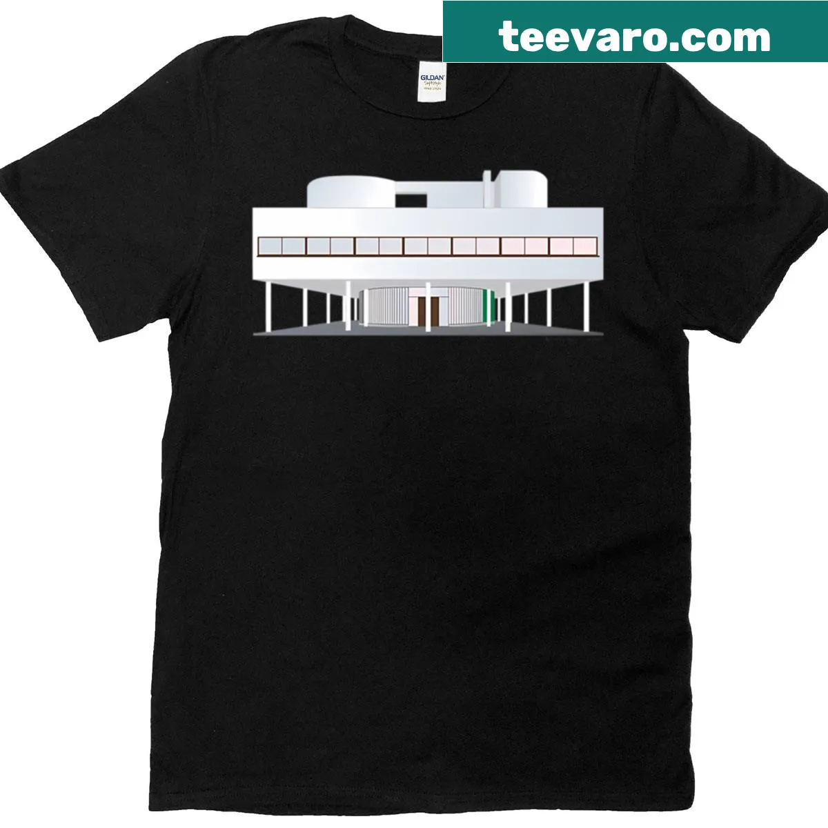 Illustration of Villa Savoye on T-shirt celebrating modern architecture — on a men's t-shirt