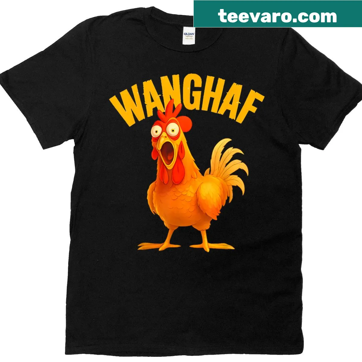Illustrative Wanghaf rooster humor t-shirt with funny quote — on a men's t-shirt