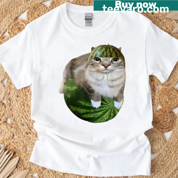 Cartoon cat with watermelon and funny meme text on T-shirt