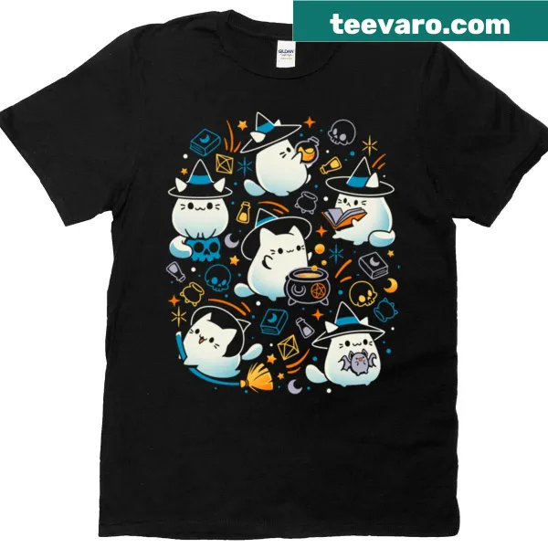 Cute cat witch illustration t-shirt with whiskers and magical elements